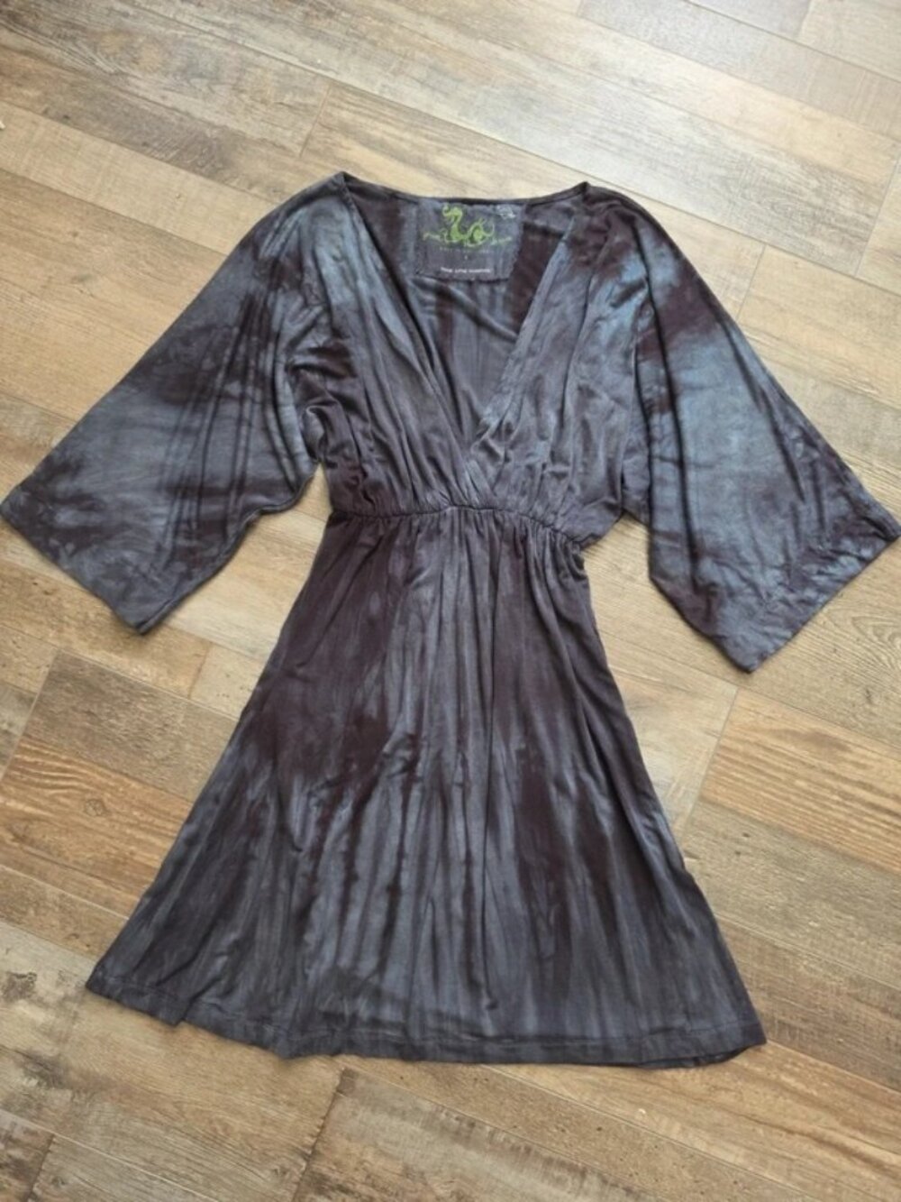 Tie dye charcoal cute stretchy dress Green Dragon S boho kimono sleeve